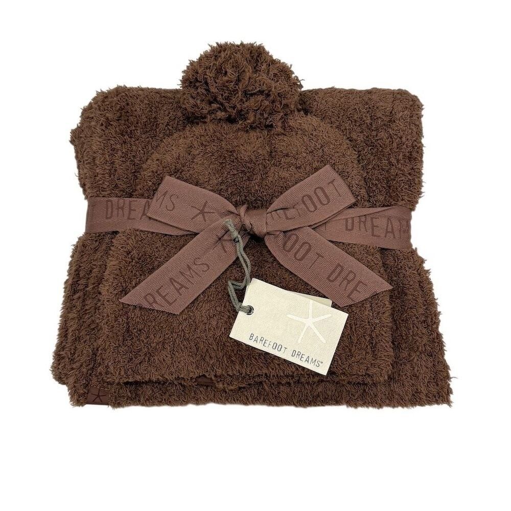 Barefoot Dreams CozyChic Pom Pom Beanie & Scarf Set Chestnut Brown Holiday Gift